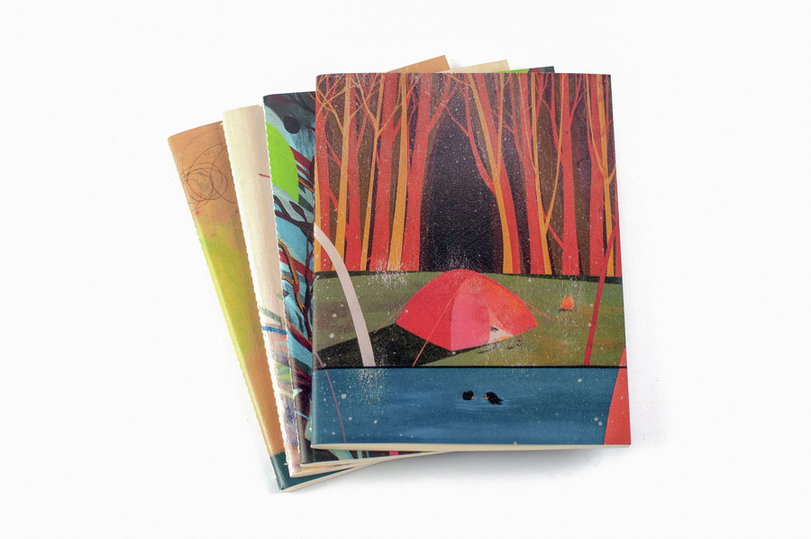 J Pacena's Quaderno  notebooks stack with Maybe The Night notebook on top