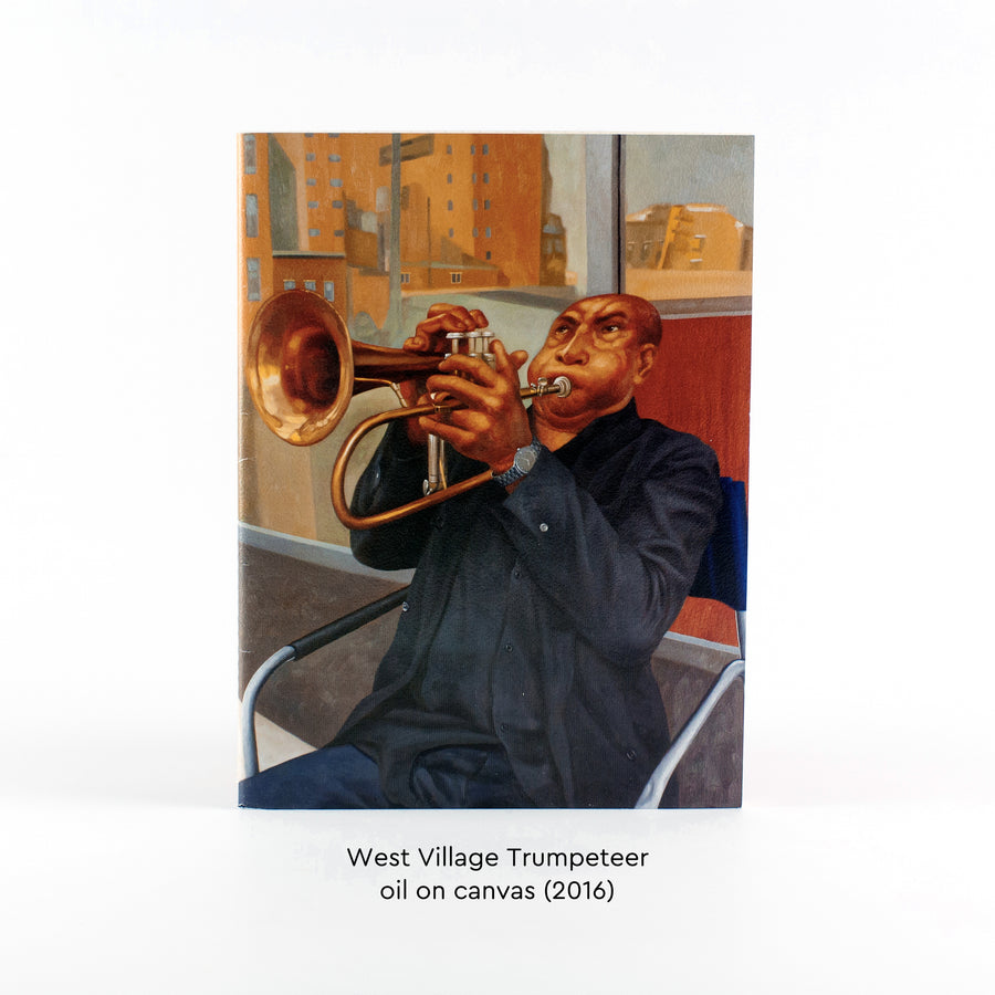 West Village Trumpeteer notebook front cover and artwork details